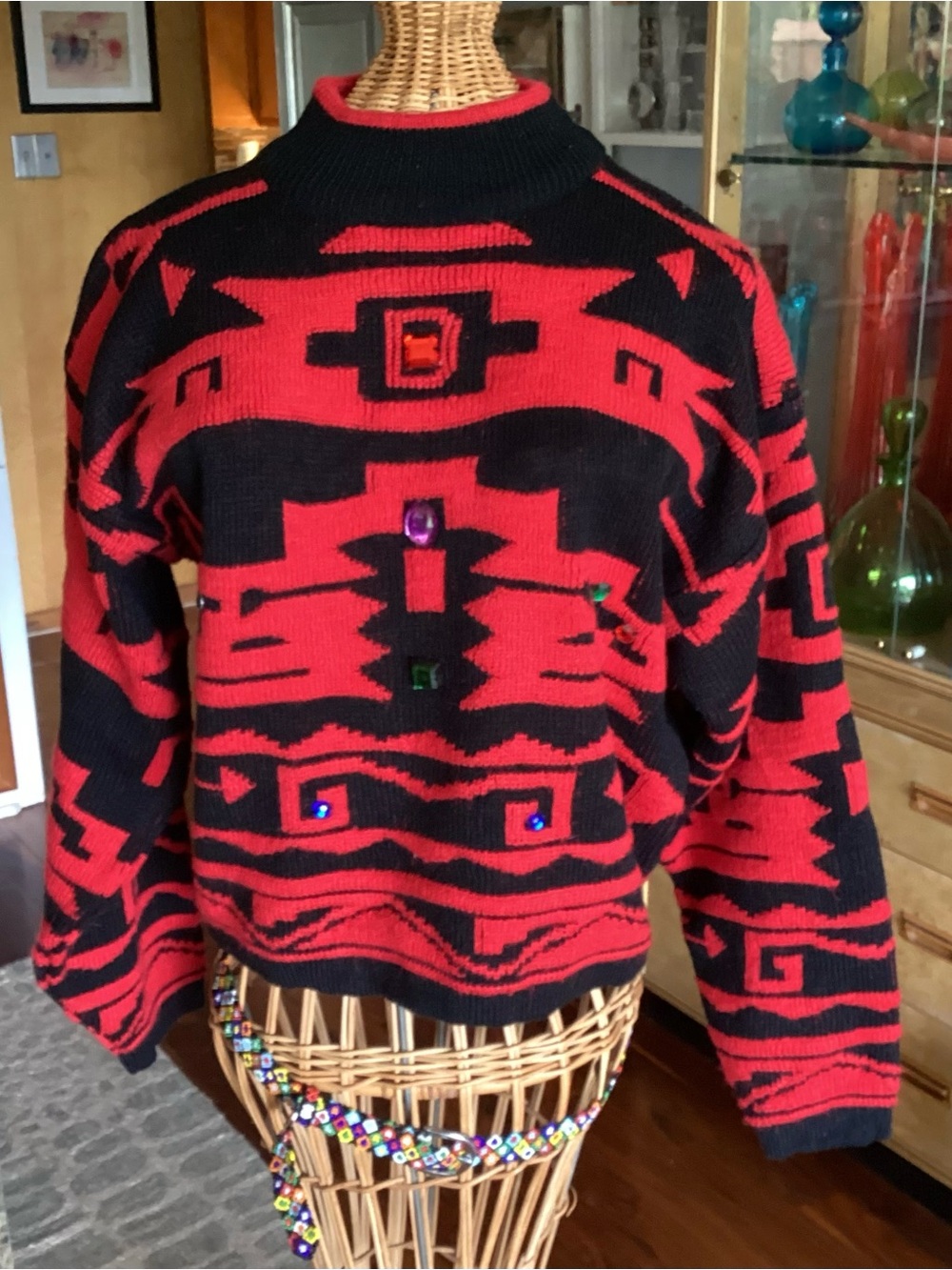 Vintage ‘90’s Women's Embellished Red & Black Geometric Mockneck Sweater